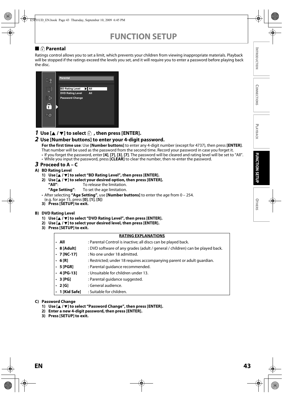 Function setup, 43 en | Toshiba Blu-Ray Disc Player BDX2000KU User Manual | Page 43 / 64