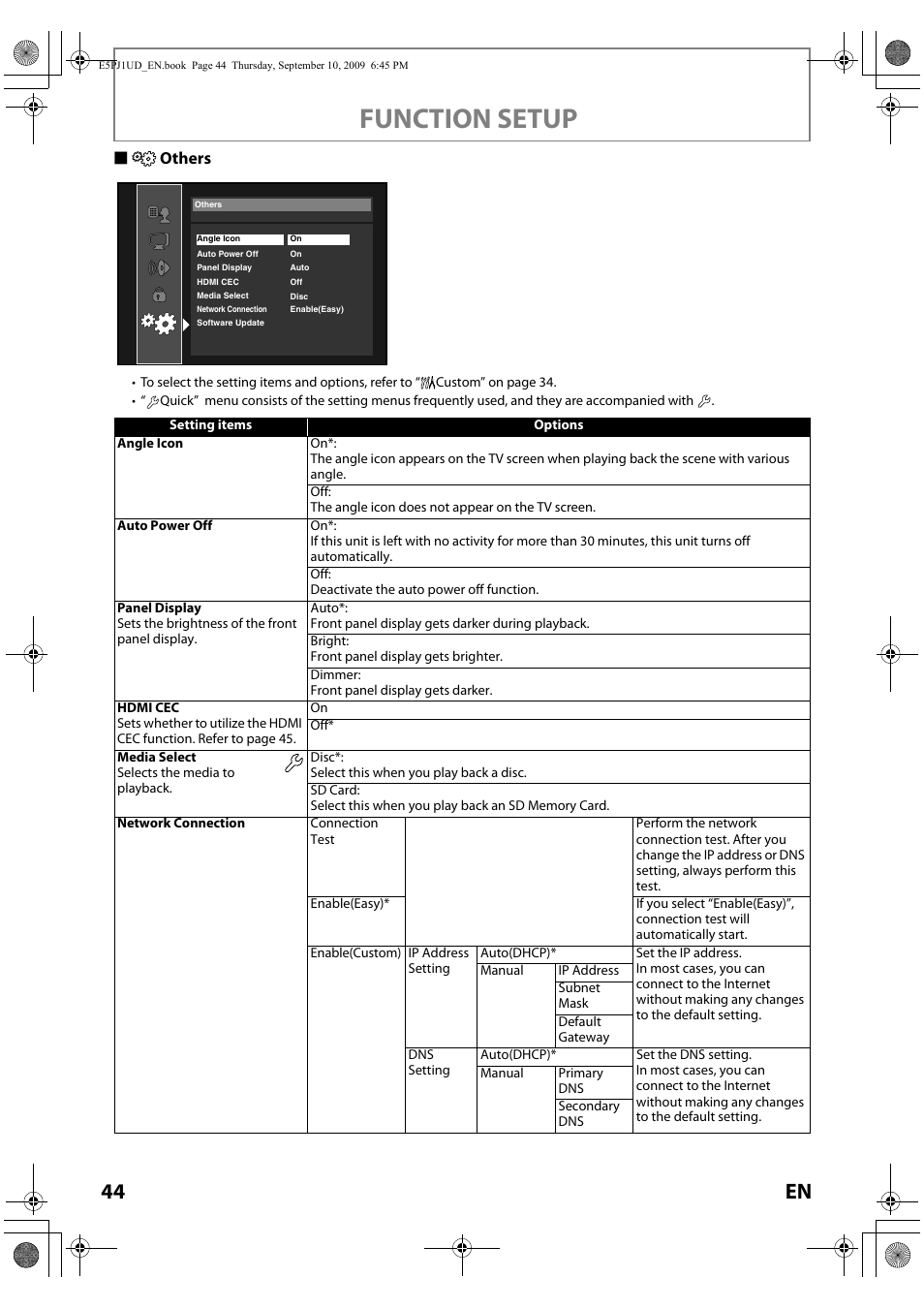 Function setup, 44 en, Sothers | Toshiba Blu-Ray Disc Player BDX2000KU User Manual | Page 44 / 64