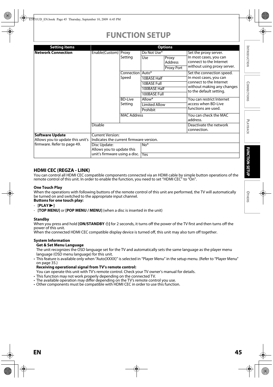 Function setup, 45 en | Toshiba Blu-Ray Disc Player BDX2000KU User Manual | Page 45 / 64