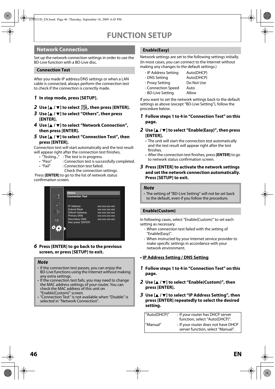 Function setup, 46 en, Network connection | Toshiba Blu-Ray Disc Player BDX2000KU User Manual | Page 46 / 64