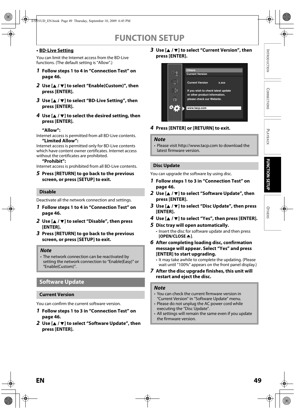 Function setup, 49 en, Software update | Toshiba Blu-Ray Disc Player BDX2000KU User Manual | Page 49 / 64