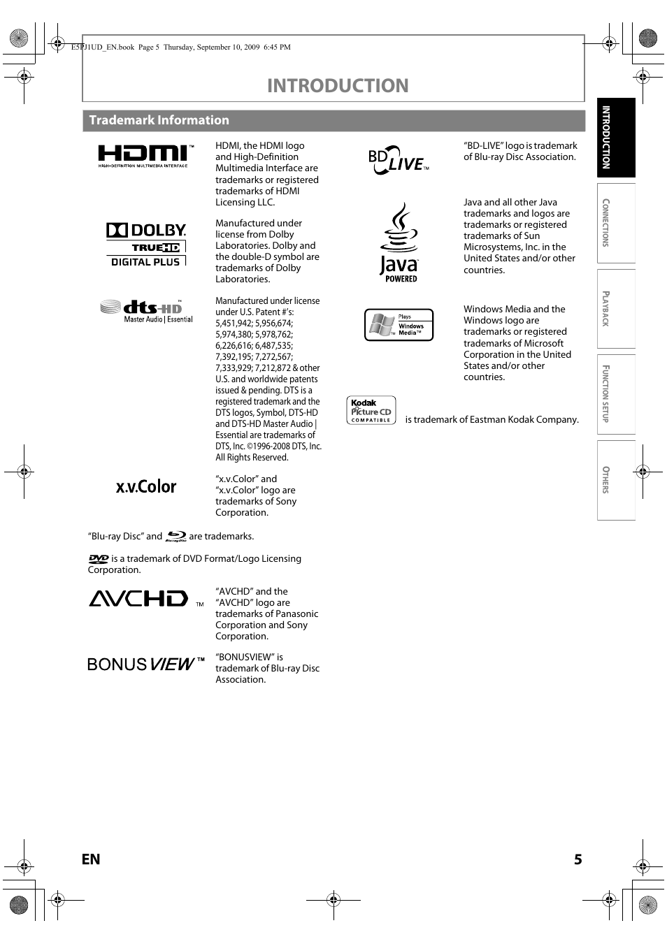 Introduction, Trademark information | Toshiba Blu-Ray Disc Player BDX2000KU User Manual | Page 5 / 64
