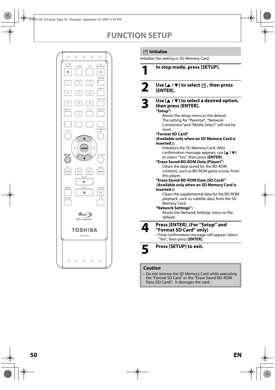 Function setup | Toshiba Blu-Ray Disc Player BDX2000KU User Manual | Page 50 / 64