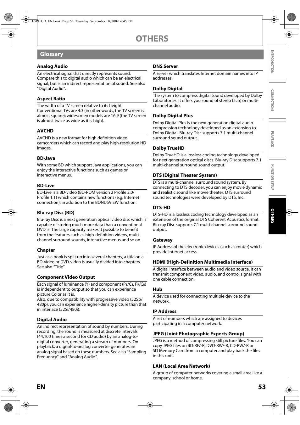 Others, 53 en, Glossary | Toshiba Blu-Ray Disc Player BDX2000KU User Manual | Page 53 / 64