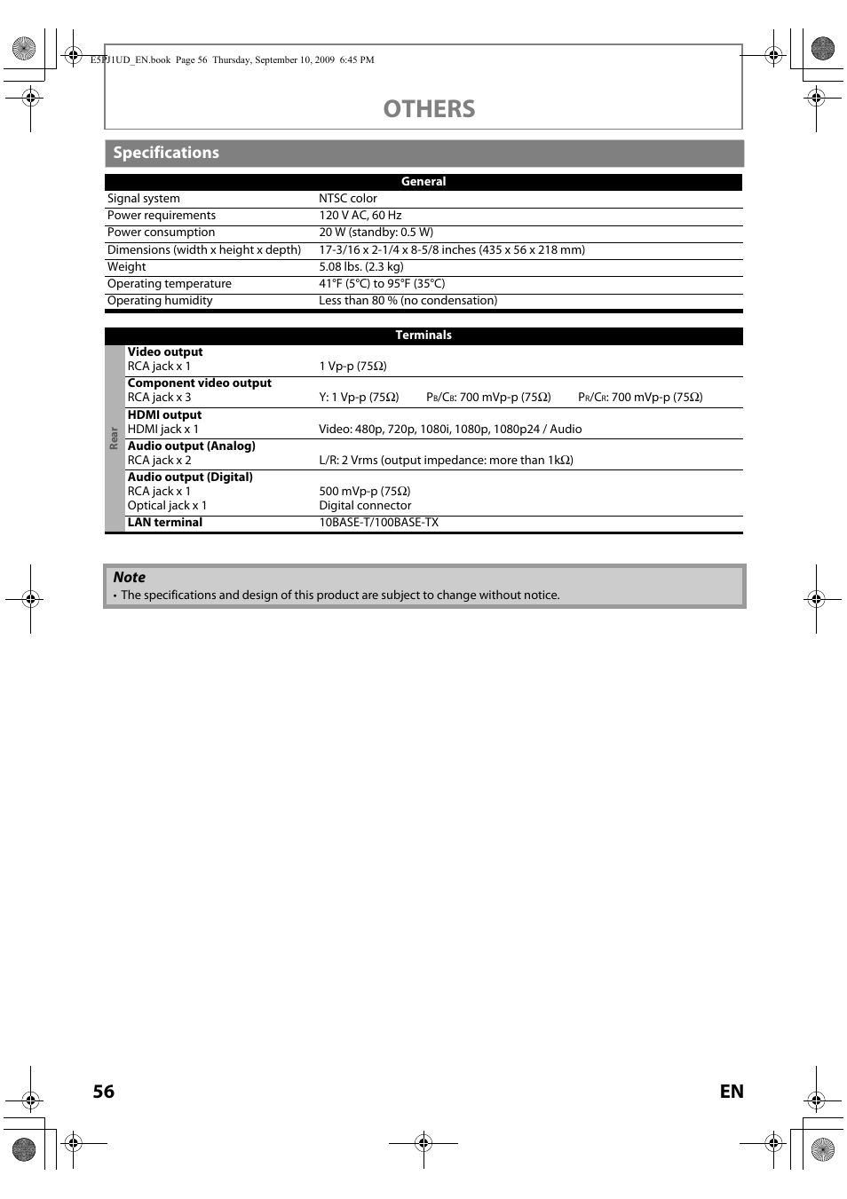 Others, 56 en, Specifications | Toshiba Blu-Ray Disc Player BDX2000KU User Manual | Page 56 / 64