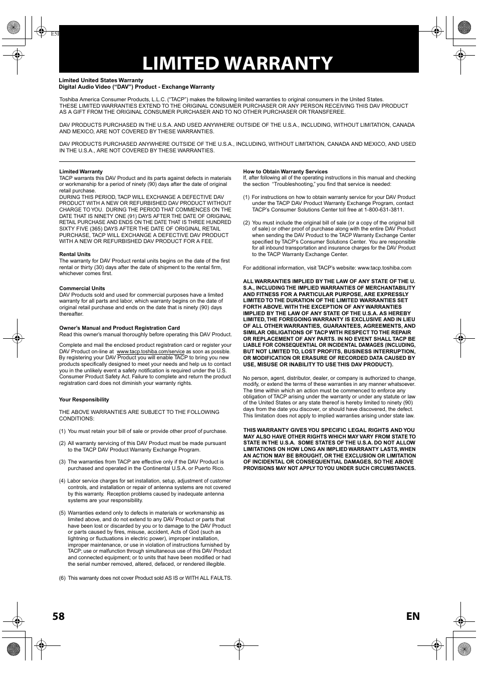 Limited warranty, 58 en | Toshiba Blu-Ray Disc Player BDX2000KU User Manual | Page 58 / 64