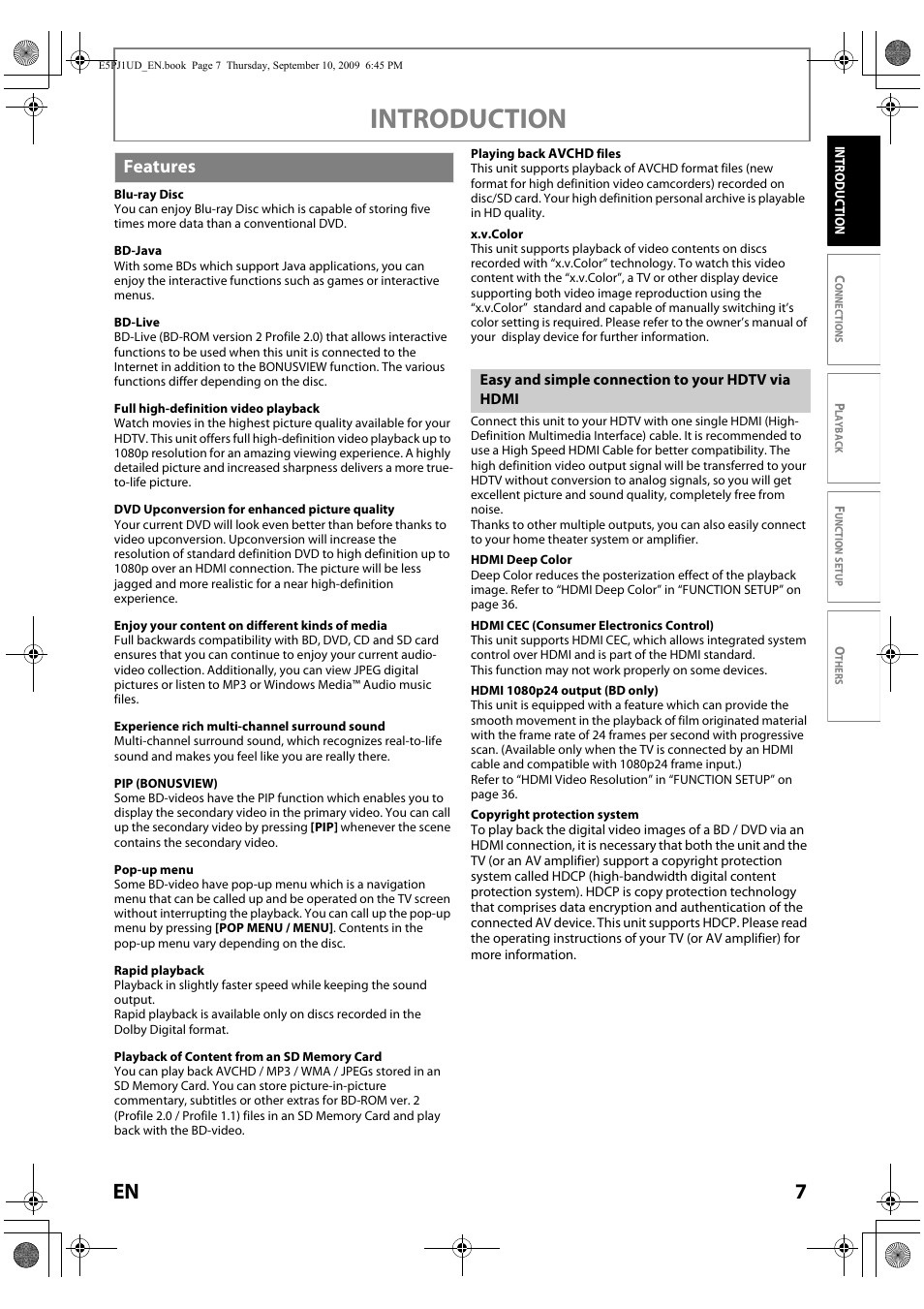 Introduction, Features | Toshiba Blu-Ray Disc Player BDX2000KU User Manual | Page 7 / 64