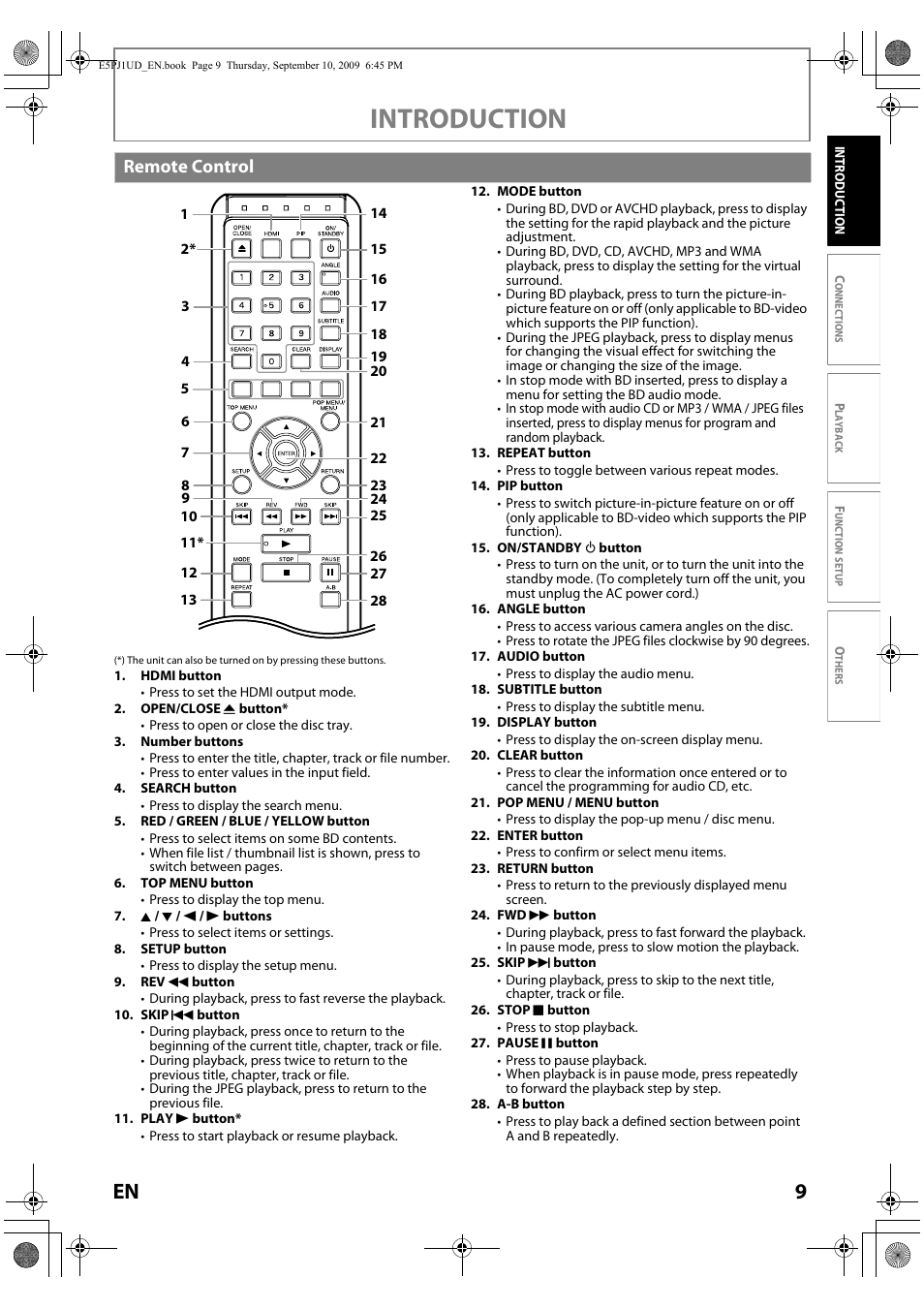 Introduction, Remote control | Toshiba Blu-Ray Disc Player BDX2000KU User Manual | Page 9 / 64