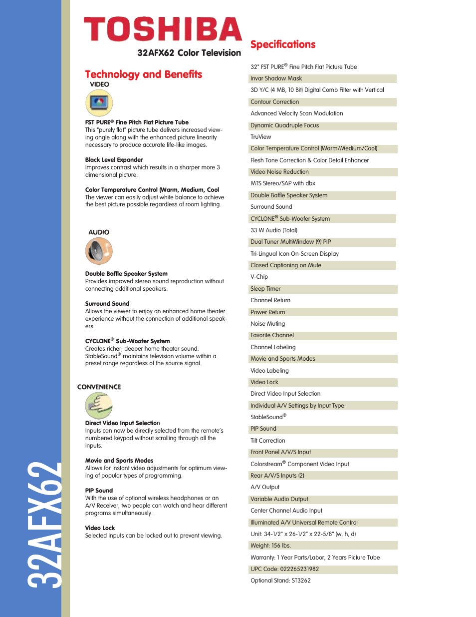 32afx62, Technology and benefits, Specifications | 32afx62 color television | Toshiba 32AFX62 User Manual | Page 2 / 2