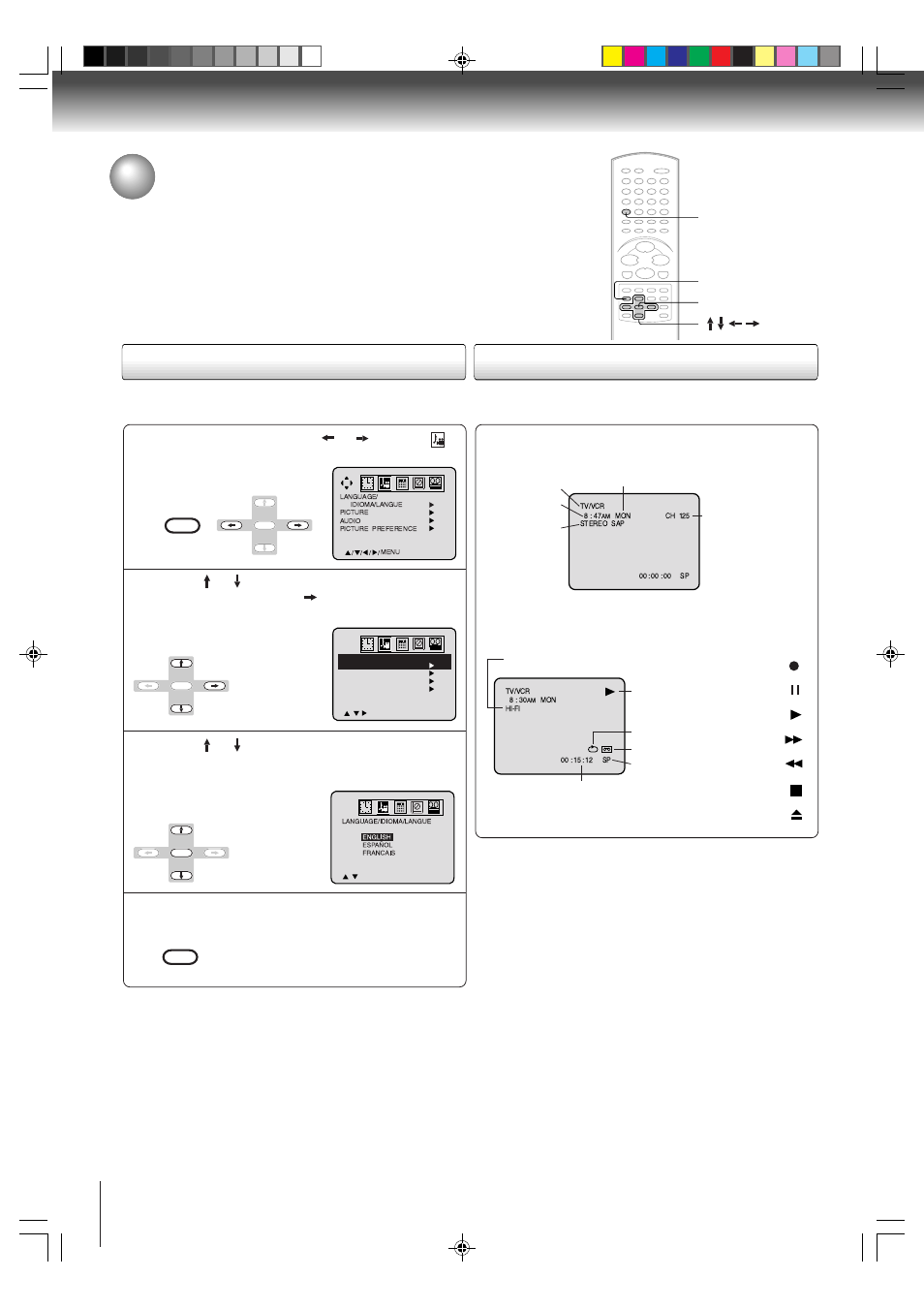 Setting the language/ tv/vcr operation status, Setting the language, Tv/vcr operation status | Toshiba MW20FP3 User Manual | Page 22 / 64