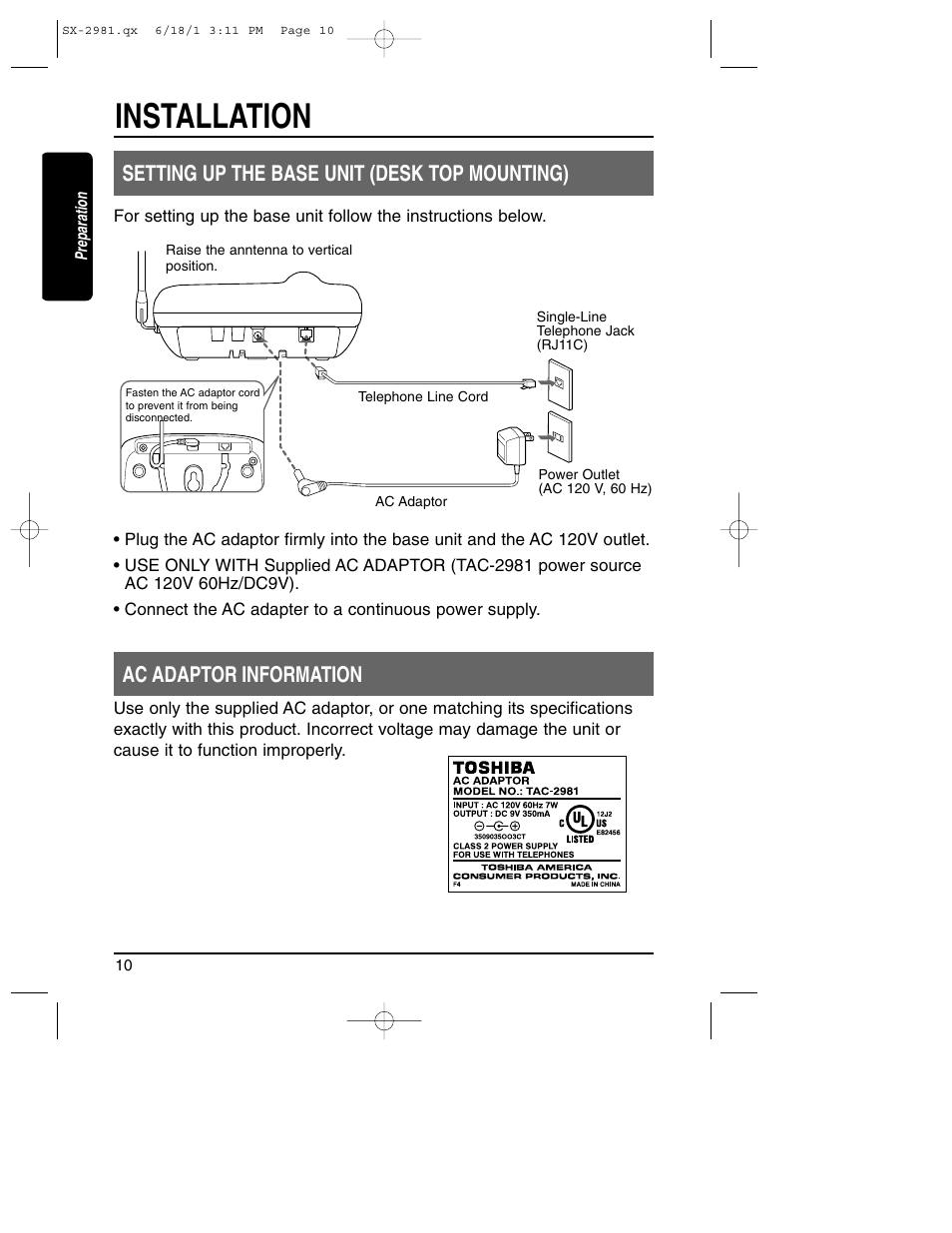 Installation, Setting up the base unit (desk top mounting), Ac adaptor information | Toshiba SX-2981 User Manual | Page 10 / 55