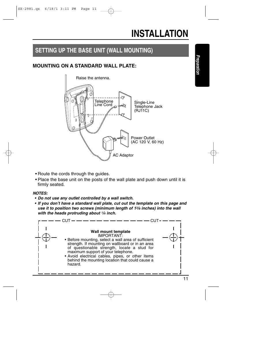 Setting up the base unit, Installation, Setting up the base unit (wall mounting) | Toshiba SX-2981 User Manual | Page 11 / 55