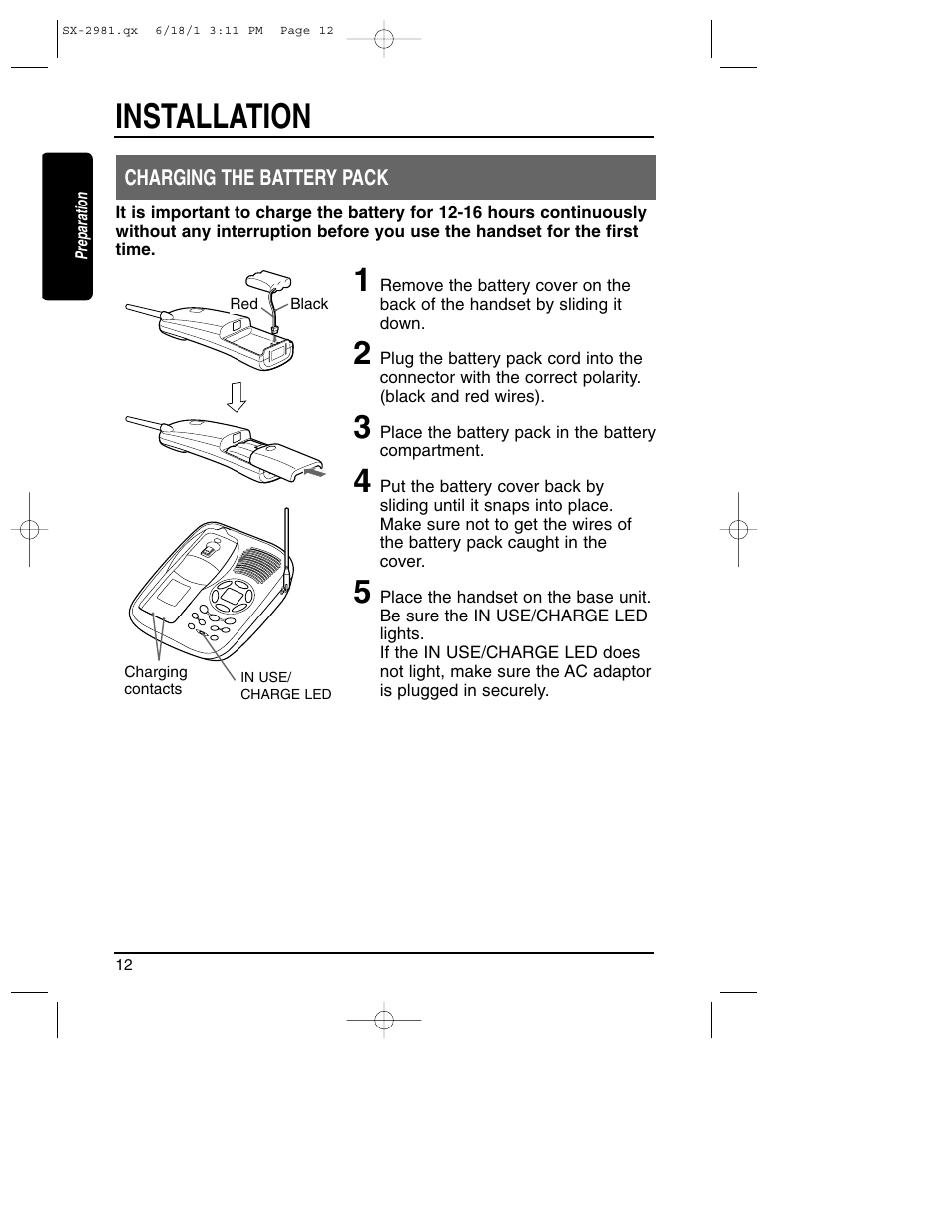 Charging the battery pack, Installation | Toshiba SX-2981 User Manual | Page 12 / 55