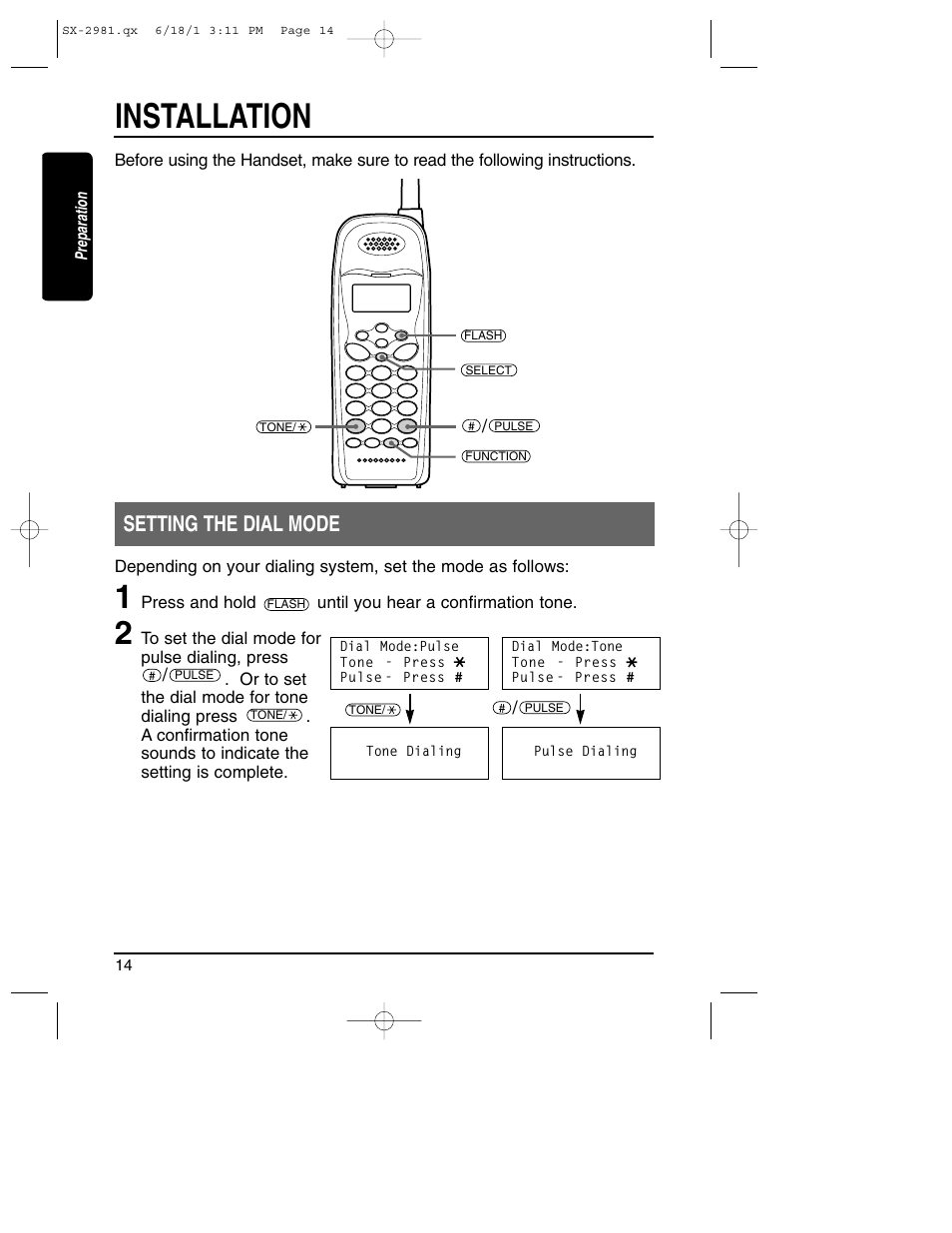 Setting the dial mode, Installation | Toshiba SX-2981 User Manual | Page 14 / 55