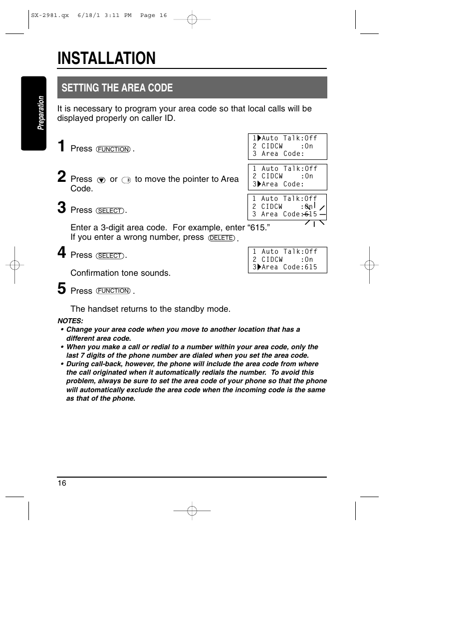 Setting the area code, Installation | Toshiba SX-2981 User Manual | Page 16 / 55