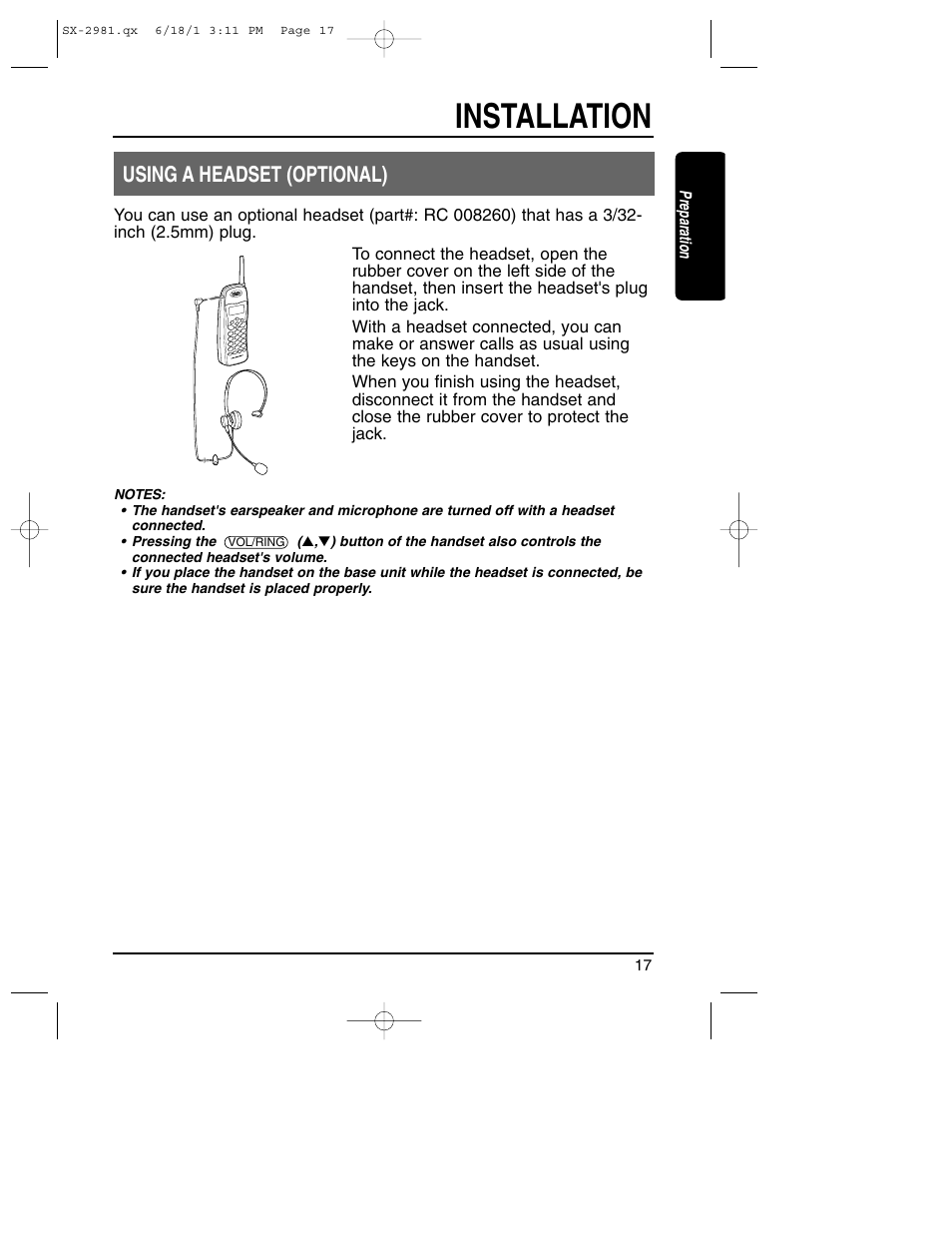 Using headset, Installation, Using a headset (optional) | Toshiba SX-2981 User Manual | Page 17 / 55