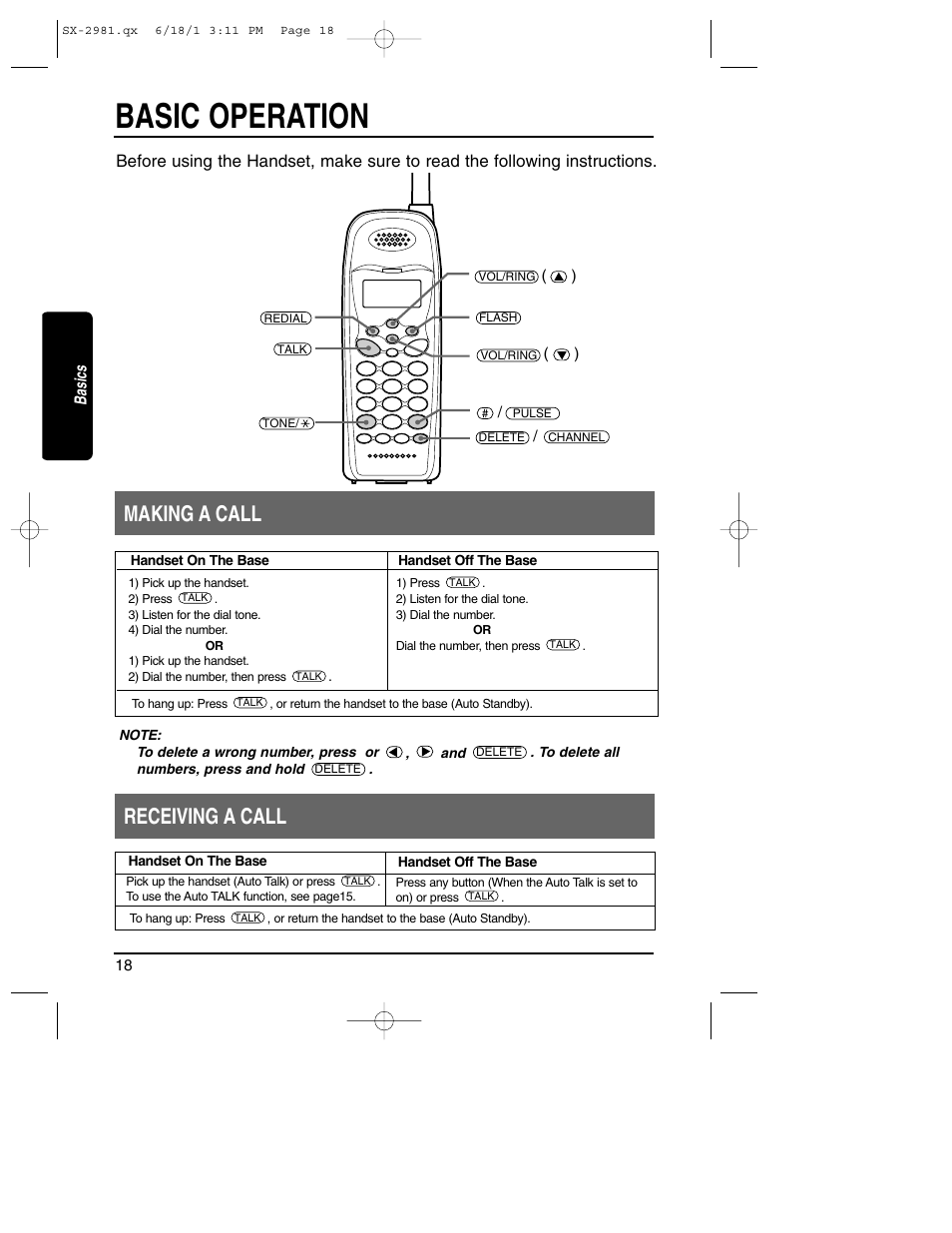 Basic, Basic operation, Making and receiving a call | Making a call receiving a call | Toshiba SX-2981 User Manual | Page 18 / 55