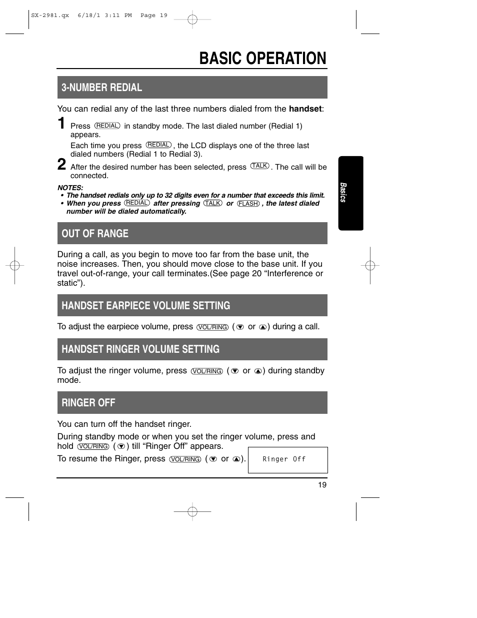 Number rediall - setting the ringer volume, Basic operation, Number redial | Out of range, Handset earpiece volume setting, Handset ringer volume setting, Ringer off | Toshiba SX-2981 User Manual | Page 19 / 55