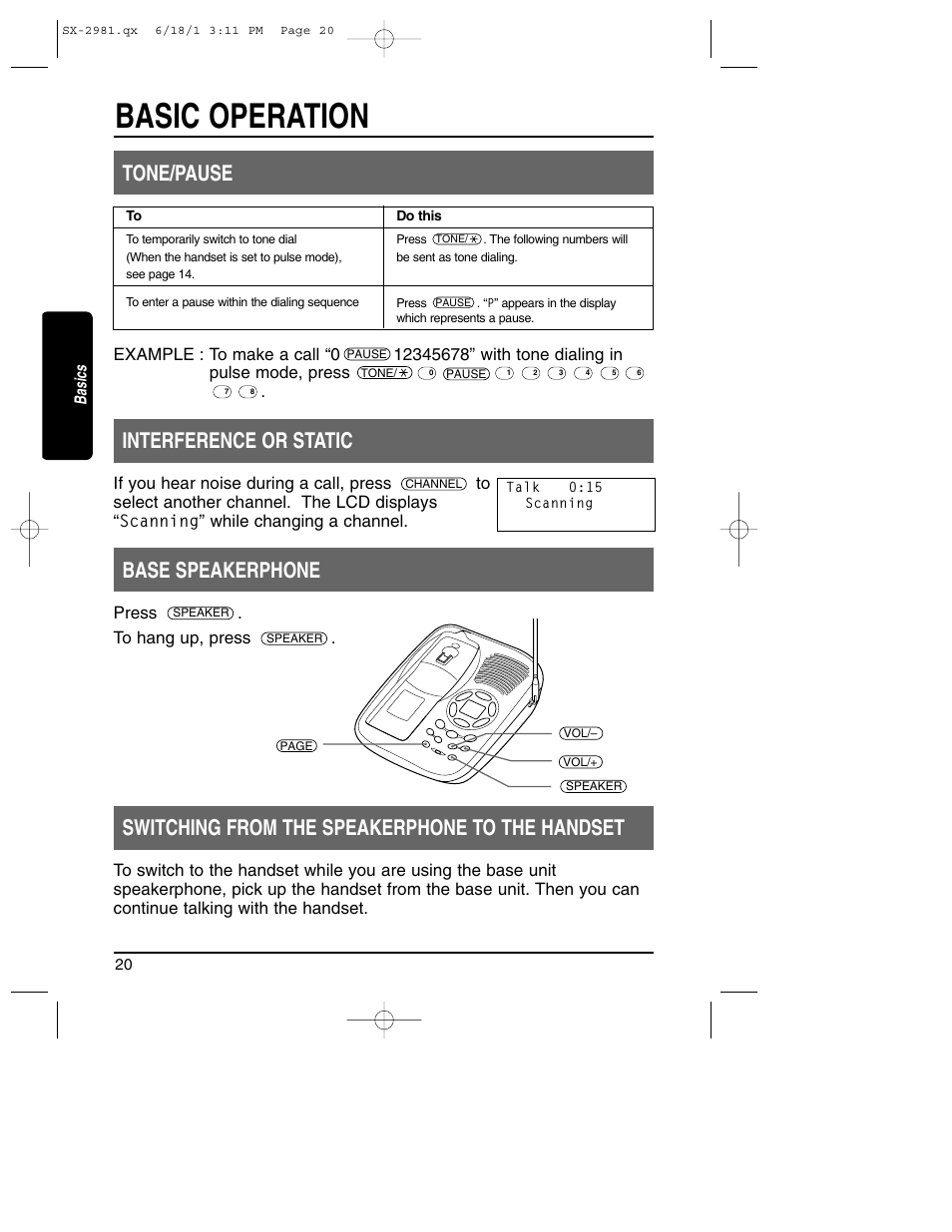 Tone/pause - using speakerphone, Basic operation, Tone/pause | Interference or static, Base speakerphone, Switching from the speakerphone to the handset, Press . to hang up, press | Toshiba SX-2981 User Manual | Page 20 / 55