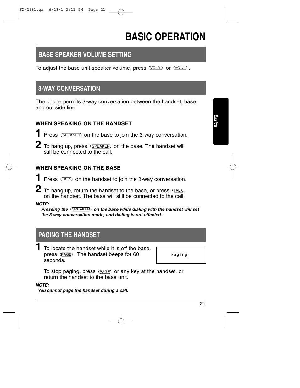 Way conversation - paging the handset, Basic operation, Base speaker volume setting | Way conversation, Paging the handset | Toshiba SX-2981 User Manual | Page 21 / 55