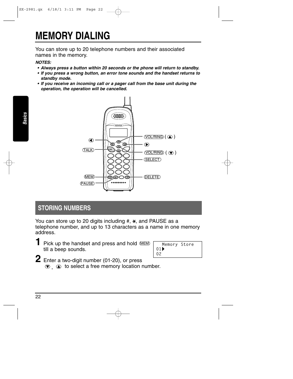 Memory dialing, Storing numbers | Toshiba SX-2981 User Manual | Page 22 / 55