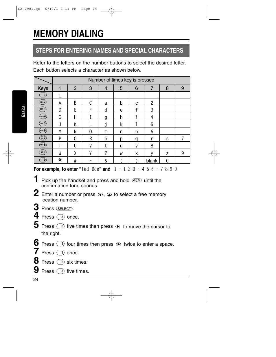 Steps for entering names and special characters | Toshiba SX-2981 User Manual | Page 24 / 55