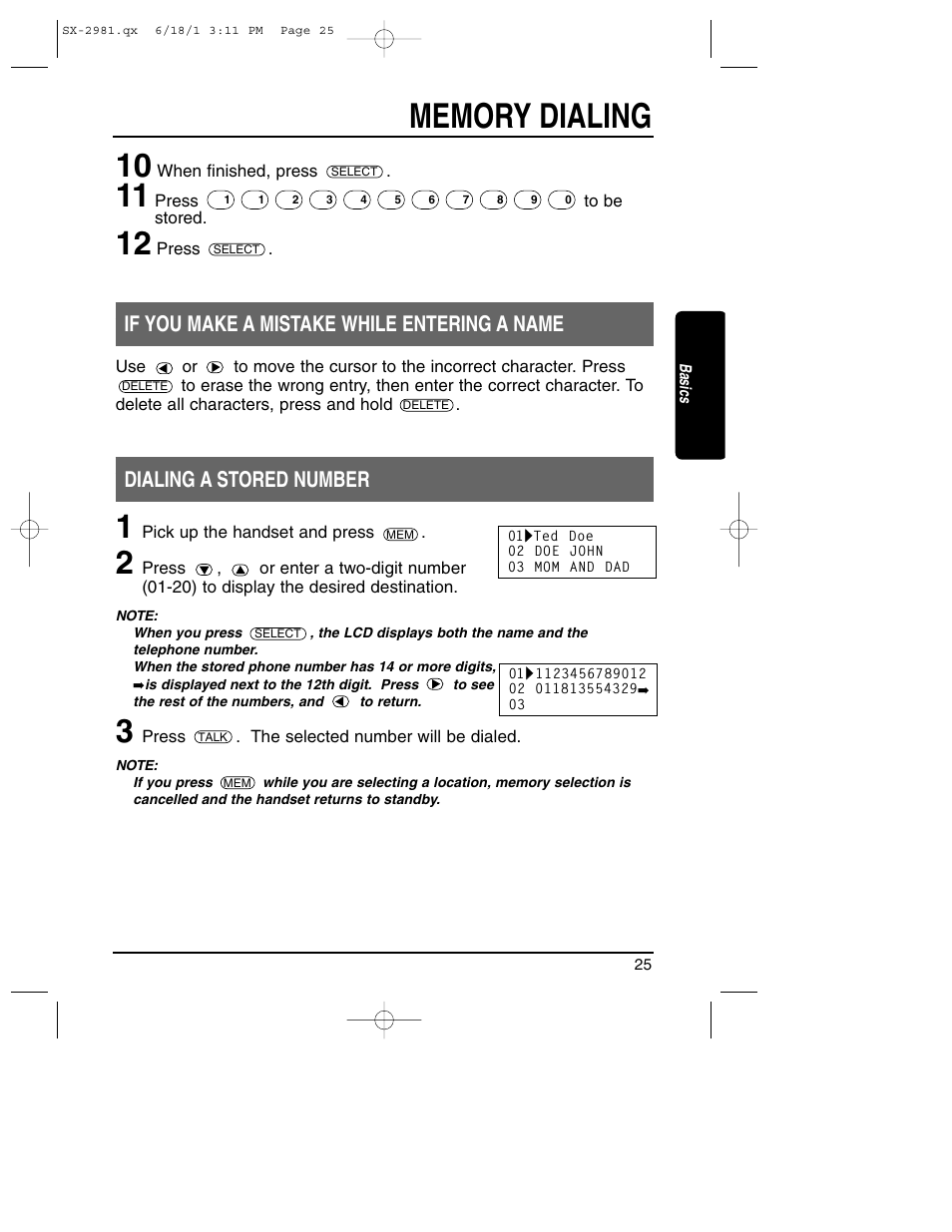 Dialing stored numbers, If you make a mistake while entering a name, Dialing a stored number | Toshiba SX-2981 User Manual | Page 25 / 55