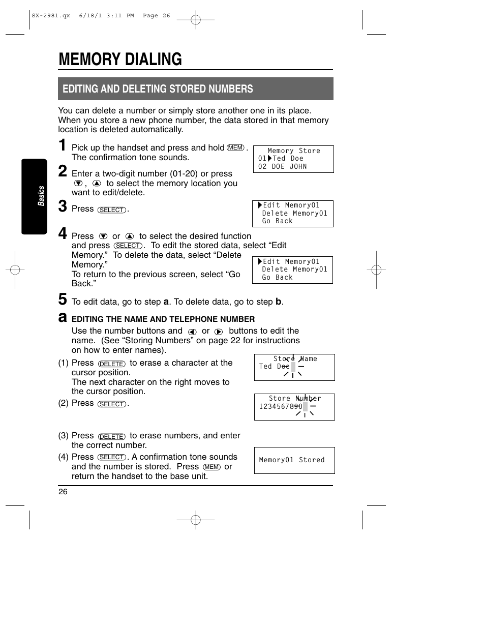 Editing and deleting stored numbers | Toshiba SX-2981 User Manual | Page 26 / 55