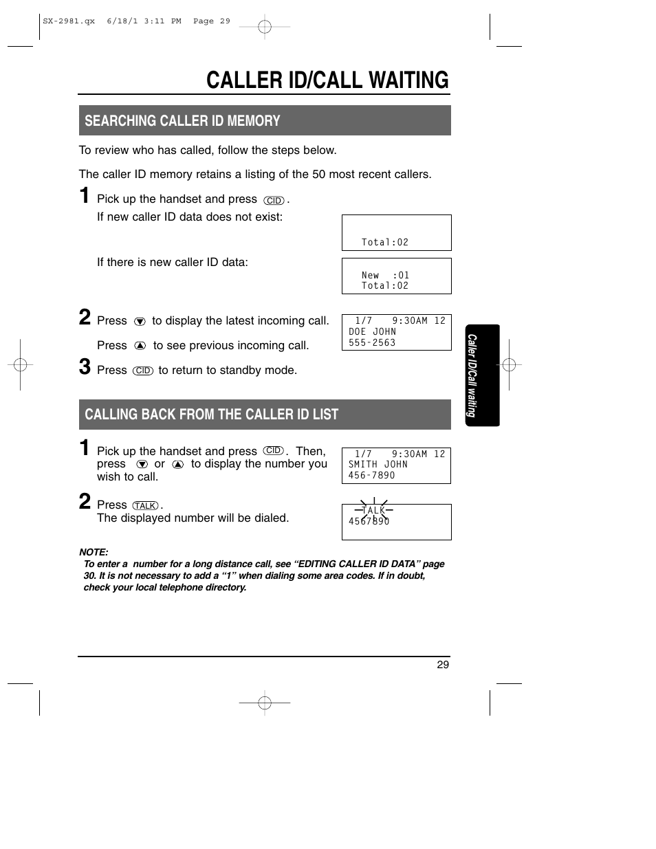 Caller id/call waiting | Toshiba SX-2981 User Manual | Page 29 / 55