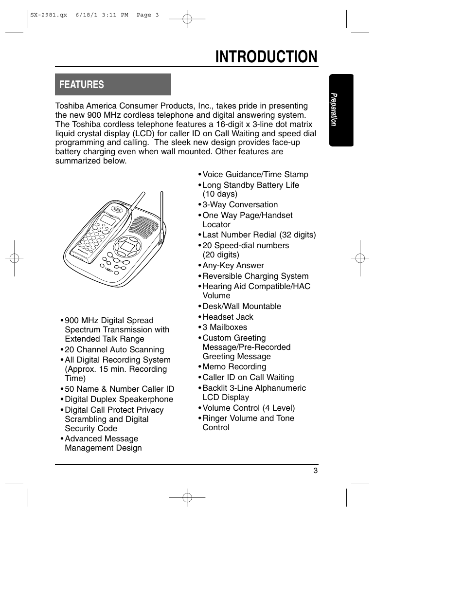 Introduction, Features | Toshiba SX-2981 User Manual | Page 3 / 55