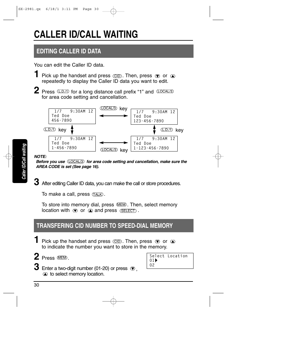 Caller id/call waiting, Editing caller id data | Toshiba SX-2981 User Manual | Page 30 / 55