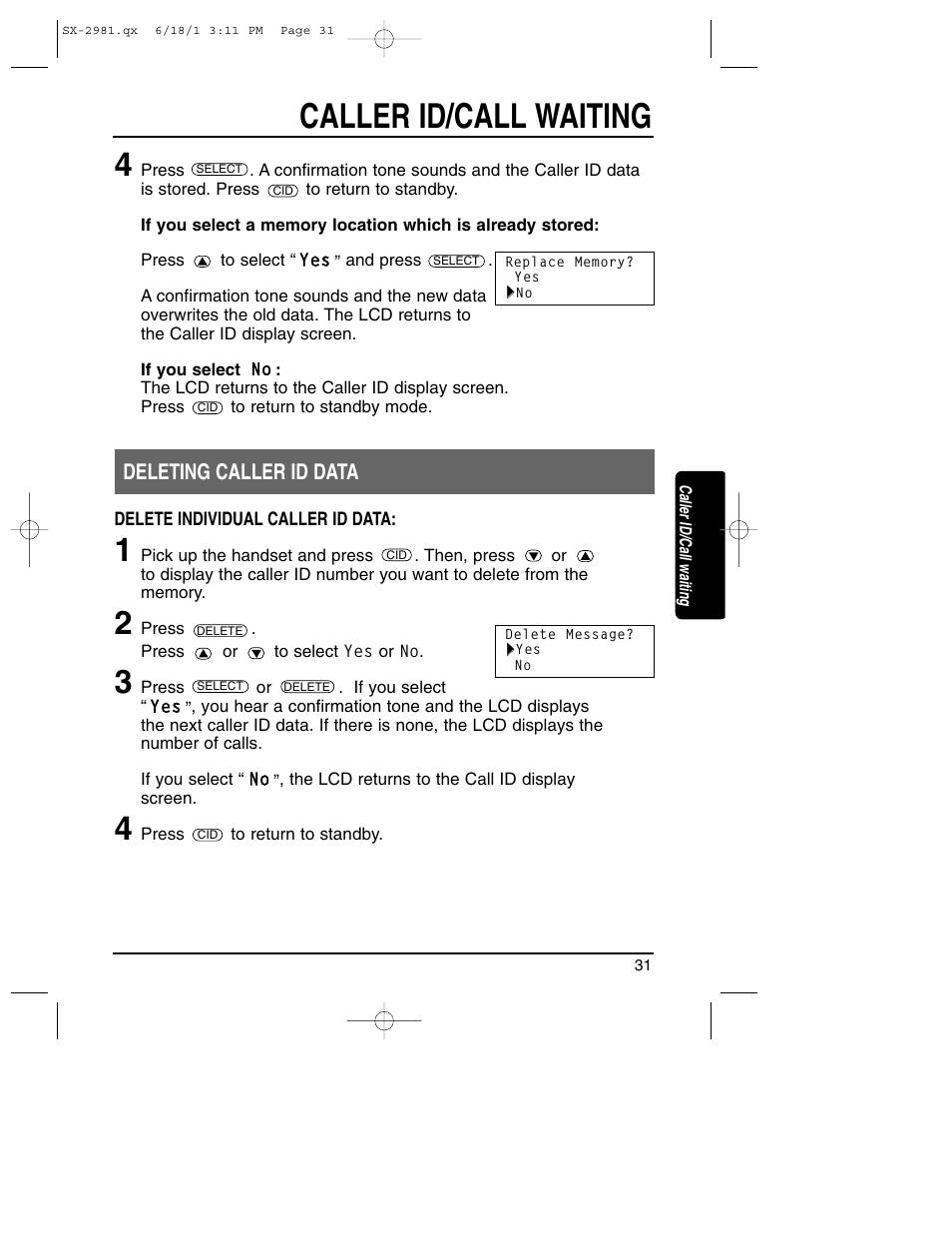 Deleting caller id data, Caller id/call waiting | Toshiba SX-2981 User Manual | Page 31 / 55