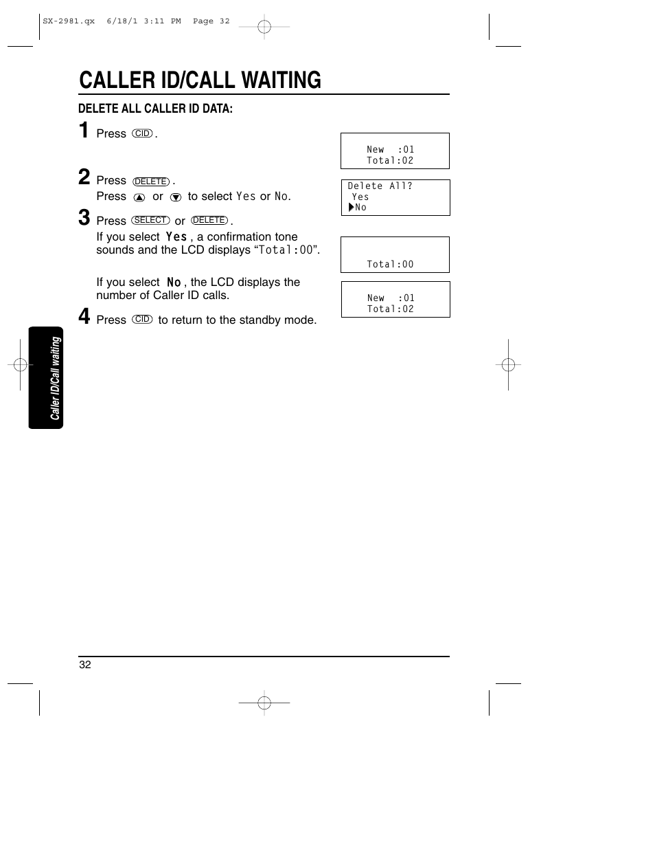 Caller id/call waiting | Toshiba SX-2981 User Manual | Page 32 / 55