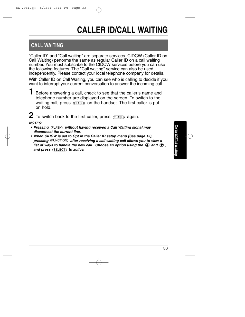 Call waiting, Caller id/call waiting | Toshiba SX-2981 User Manual | Page 33 / 55