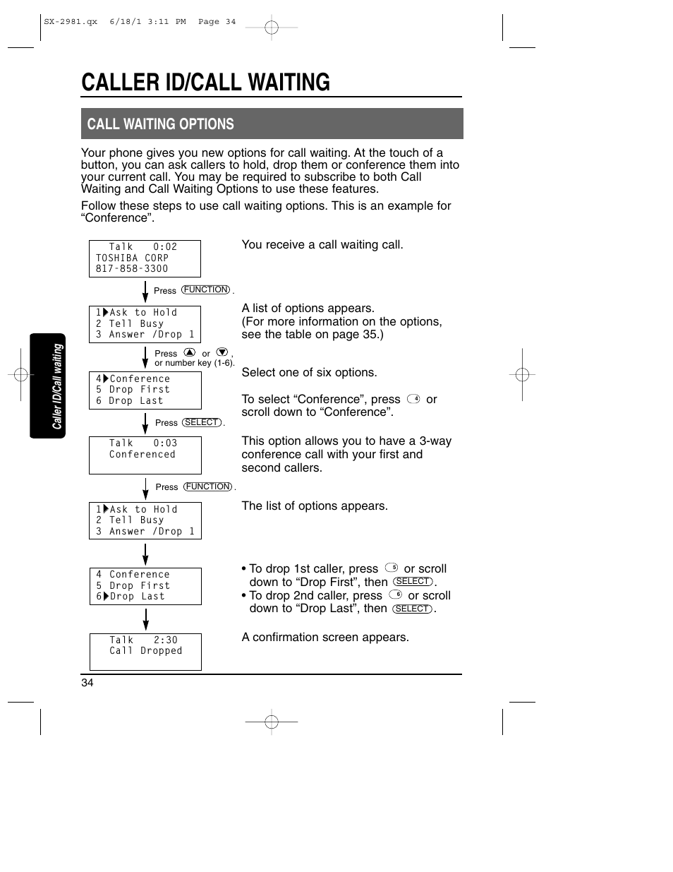 Call waiting options, Caller id/call waiting | Toshiba SX-2981 User Manual | Page 34 / 55