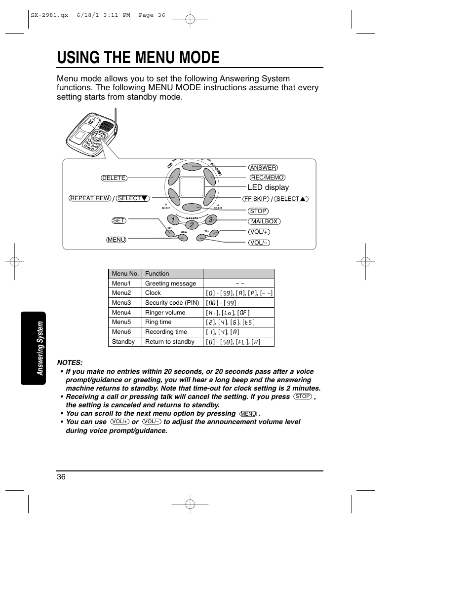 Answering system, Using the menu mode | Toshiba SX-2981 User Manual | Page 36 / 55