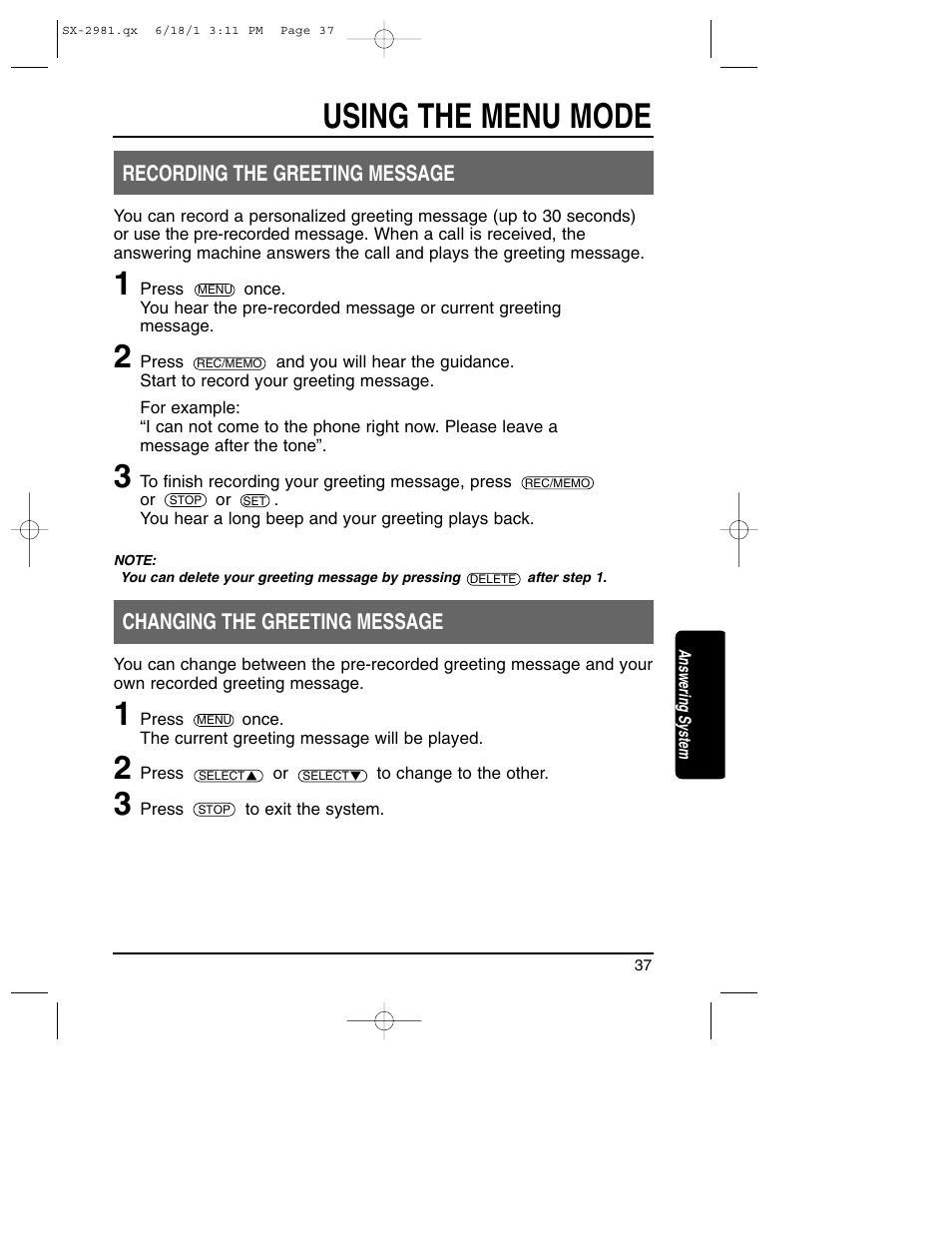 Using the menu mode | Toshiba SX-2981 User Manual | Page 37 / 55