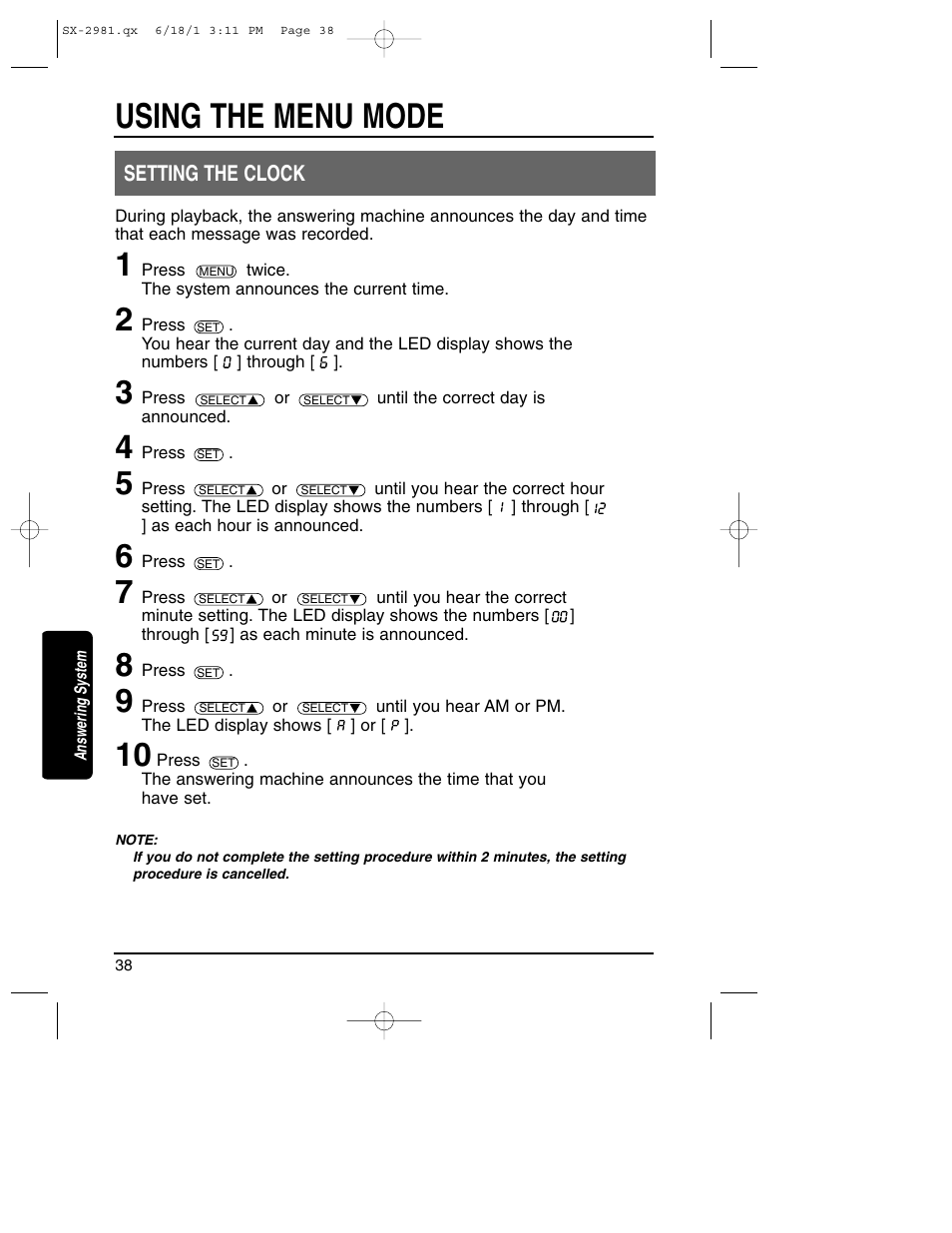 Setting the clock, Using the menu mode | Toshiba SX-2981 User Manual | Page 38 / 55