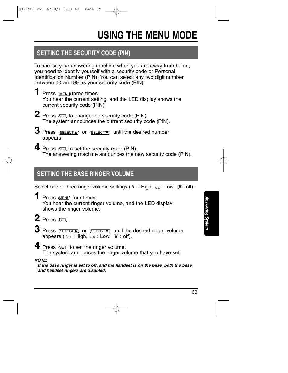 Using the menu mode | Toshiba SX-2981 User Manual | Page 39 / 55