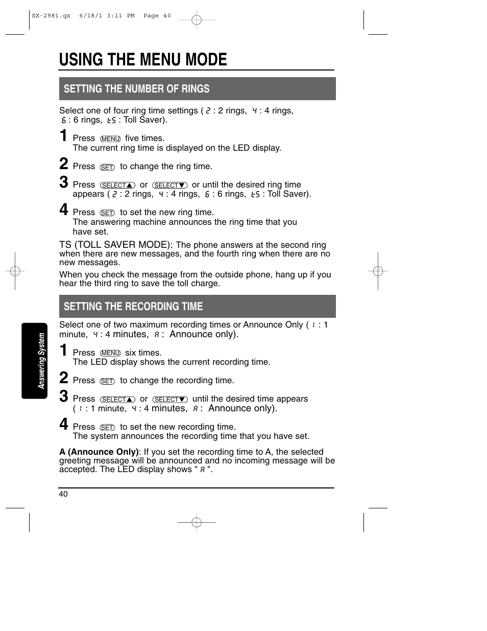 Setting number of rings and the recording time, Using the menu mode | Toshiba SX-2981 User Manual | Page 40 / 55