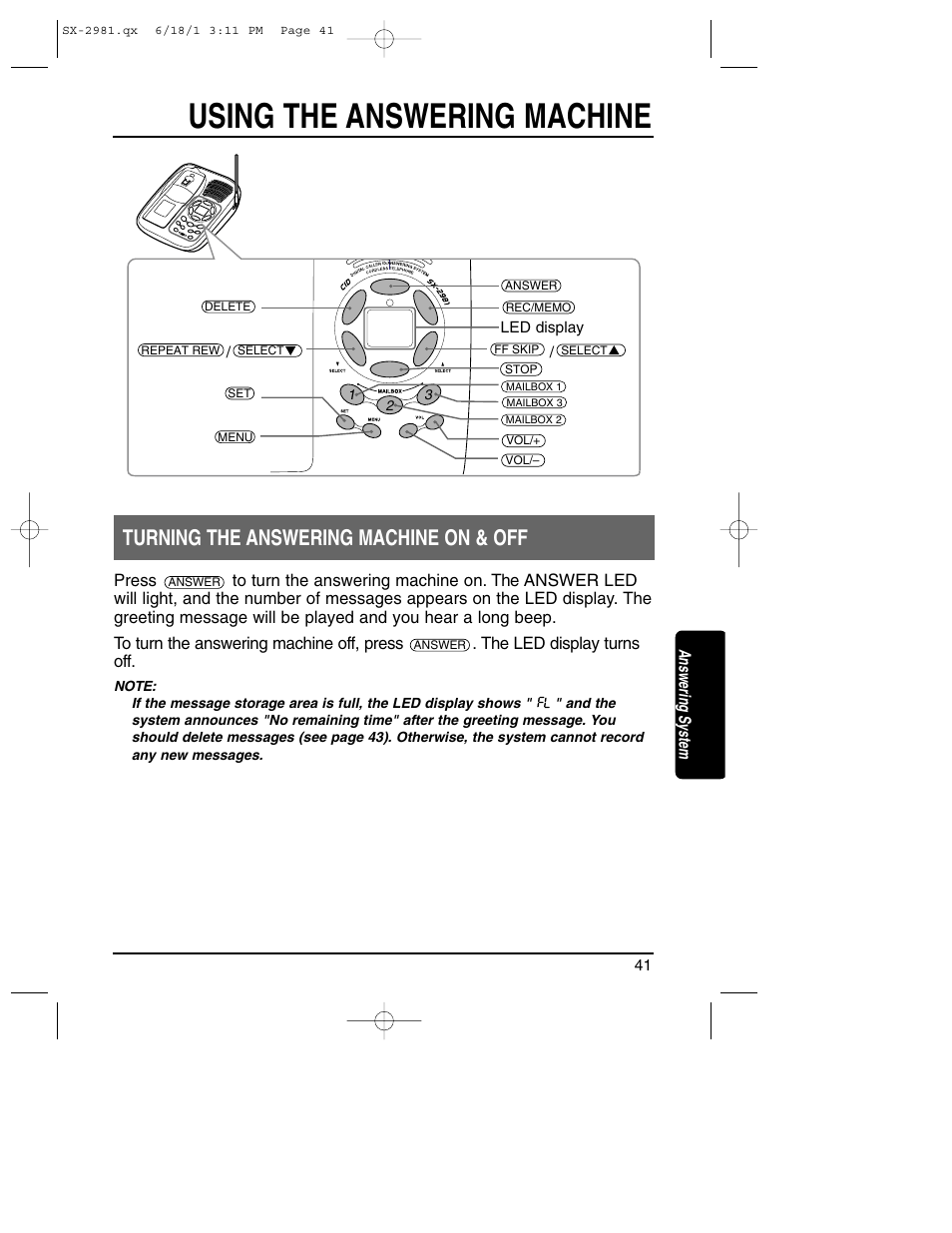 Using the answering machine, Turning the answering machine on & off | Toshiba SX-2981 User Manual | Page 41 / 55