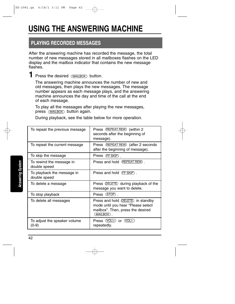 Playing recorded messages, Using the answering machine | Toshiba SX-2981 User Manual | Page 42 / 55