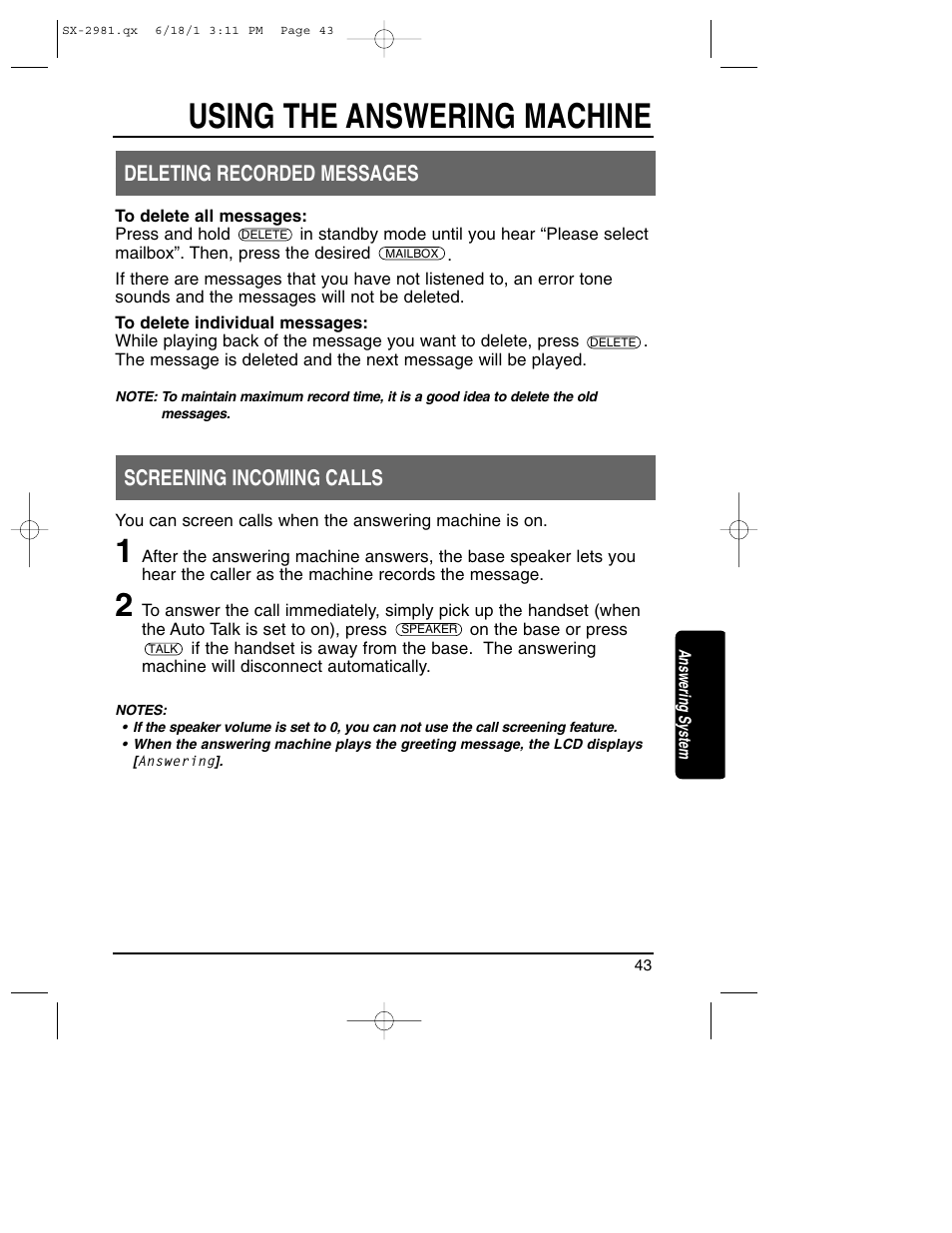 Using the answering machine, Deleting recorded messages, Screening incoming calls | Toshiba SX-2981 User Manual | Page 43 / 55