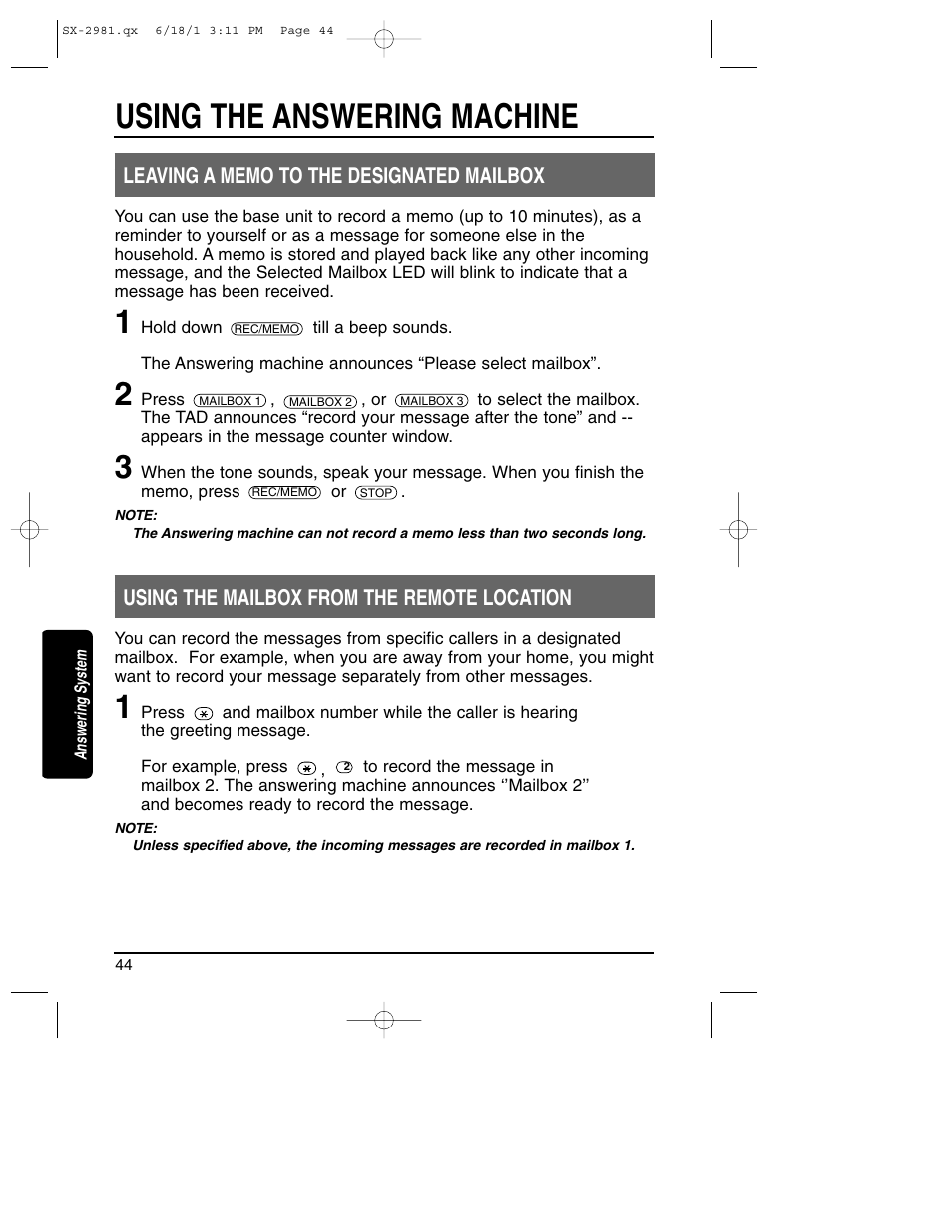 Using the answering machine | Toshiba SX-2981 User Manual | Page 44 / 55