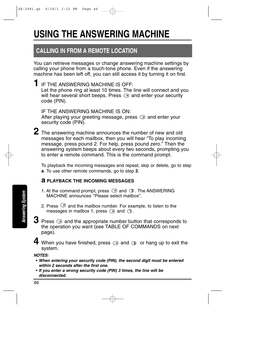 Calling in from a remote location, Using the answering machine | Toshiba SX-2981 User Manual | Page 46 / 55