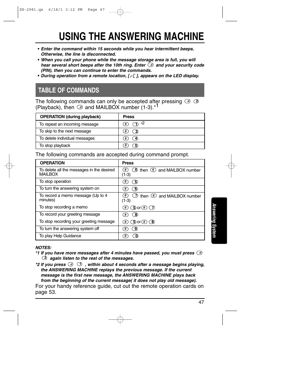 Table of commands, Using the answering machine | Toshiba SX-2981 User Manual | Page 47 / 55