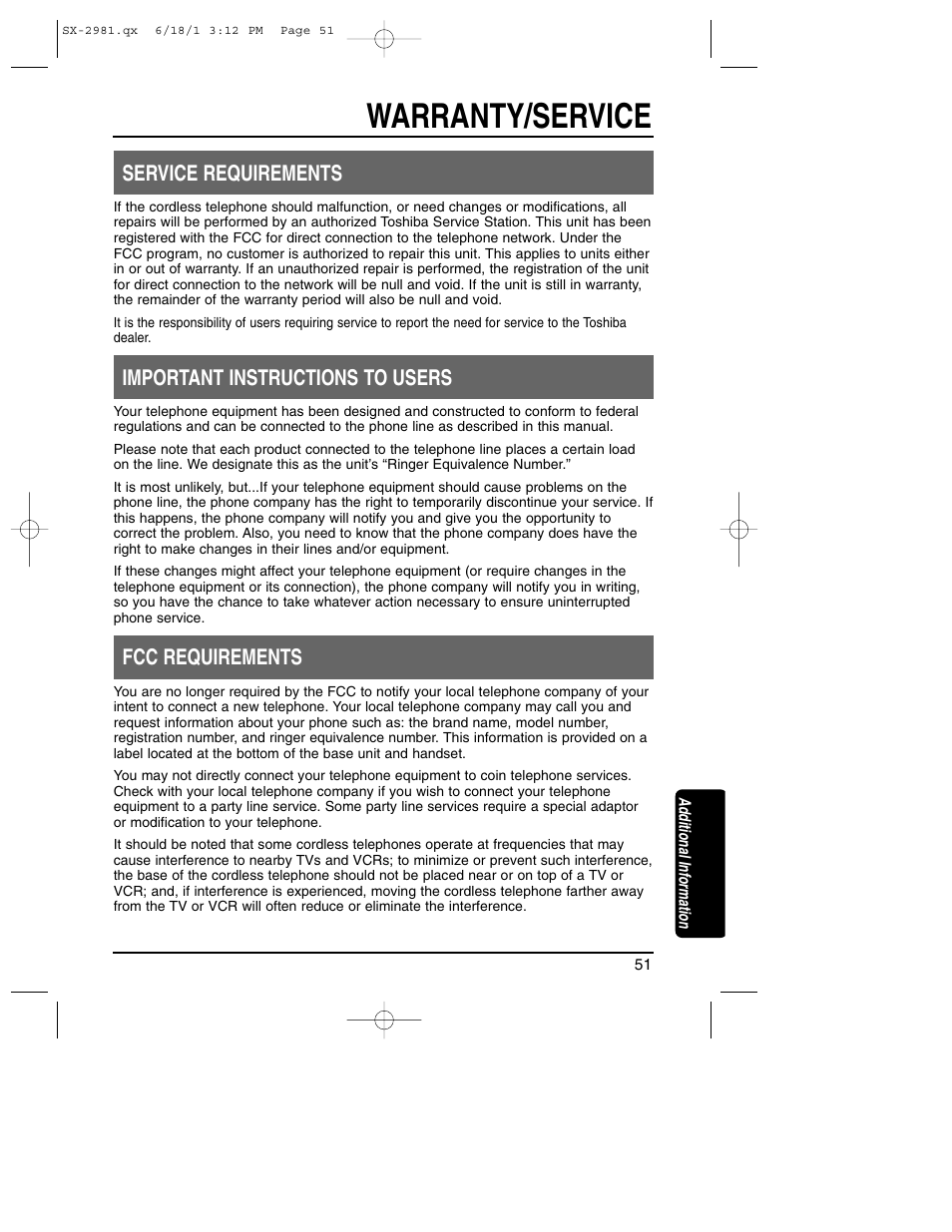 Warranty / service, Warranty/service, Service requirements | Important instructions to users, Fcc requirements | Toshiba SX-2981 User Manual | Page 51 / 55