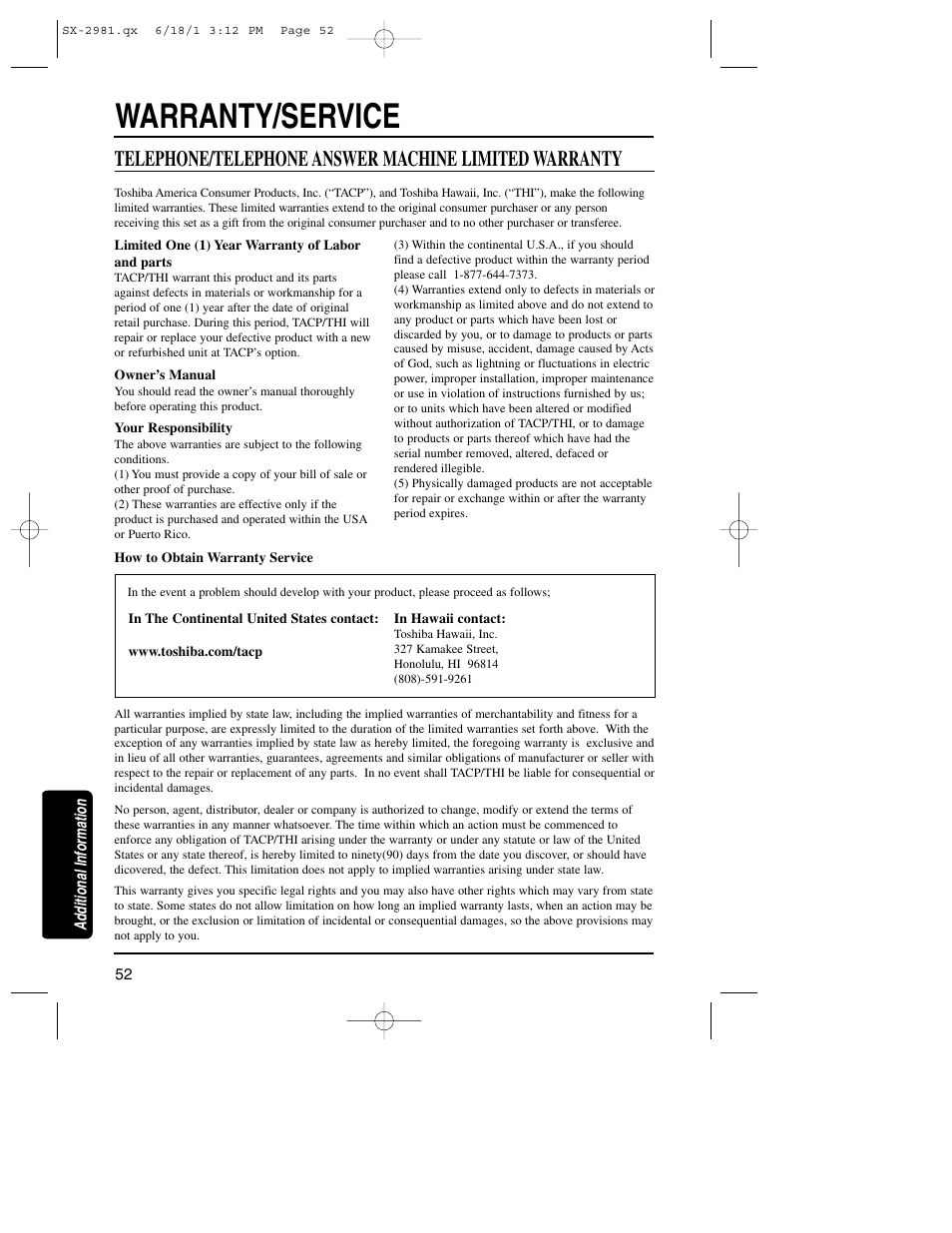 Warranty/service | Toshiba SX-2981 User Manual | Page 52 / 55