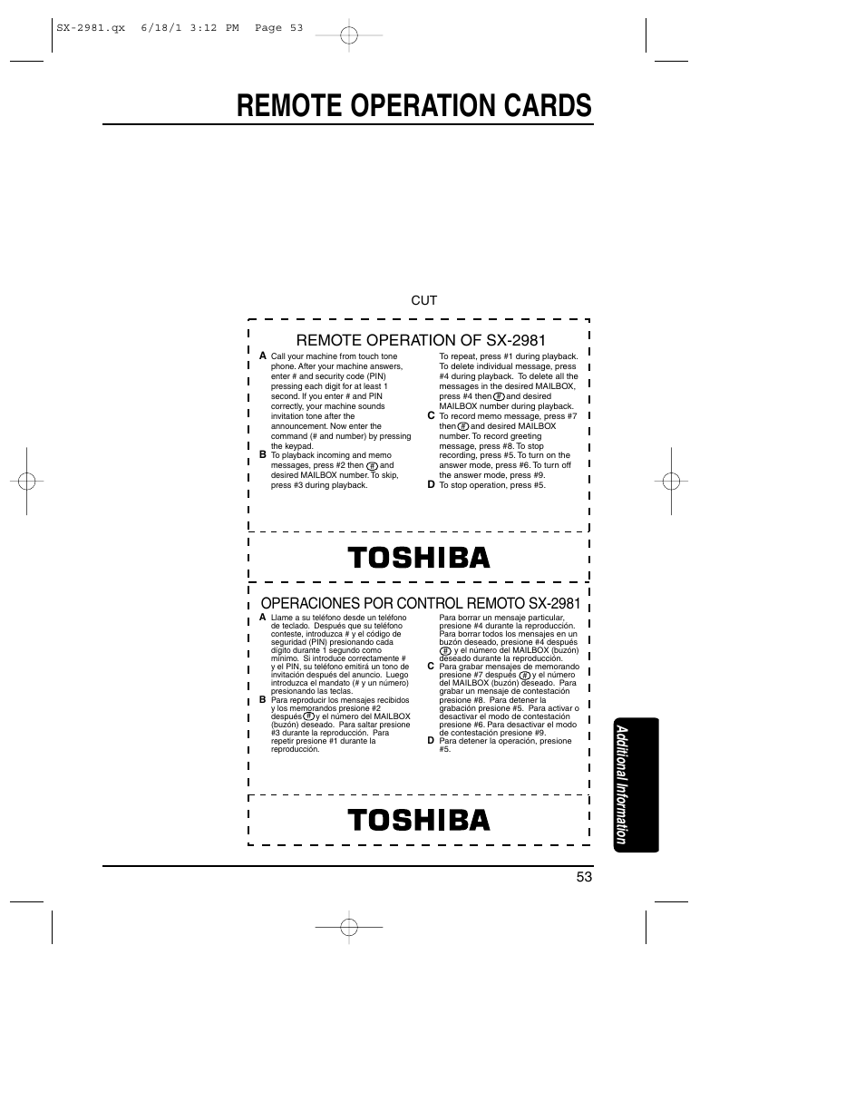 Remote operation cards, Additional information | Toshiba SX-2981 User Manual | Page 53 / 55