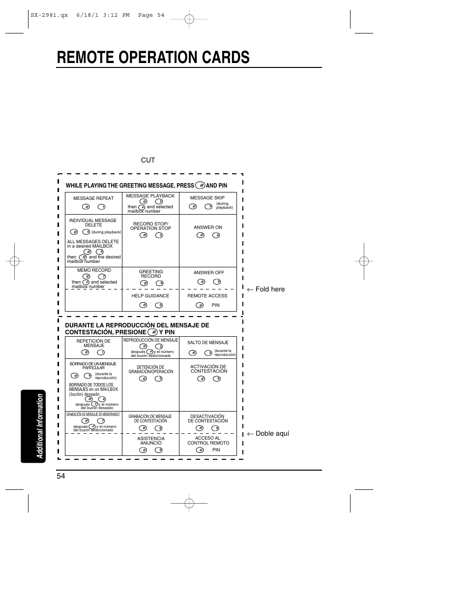 Remote operation cards, Additional information, Fold here ← doble aquí | While playing the greeting message, press and pin | Toshiba SX-2981 User Manual | Page 54 / 55